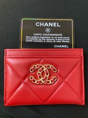 CHANEL Red Quilted Card Sleeve with Gold Chain CC Emblem